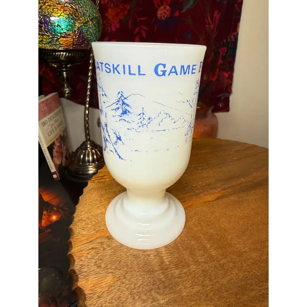 Rare Vintage Embossed CATSKILL GAME FARM NY Milk Glass Pedestal Mug